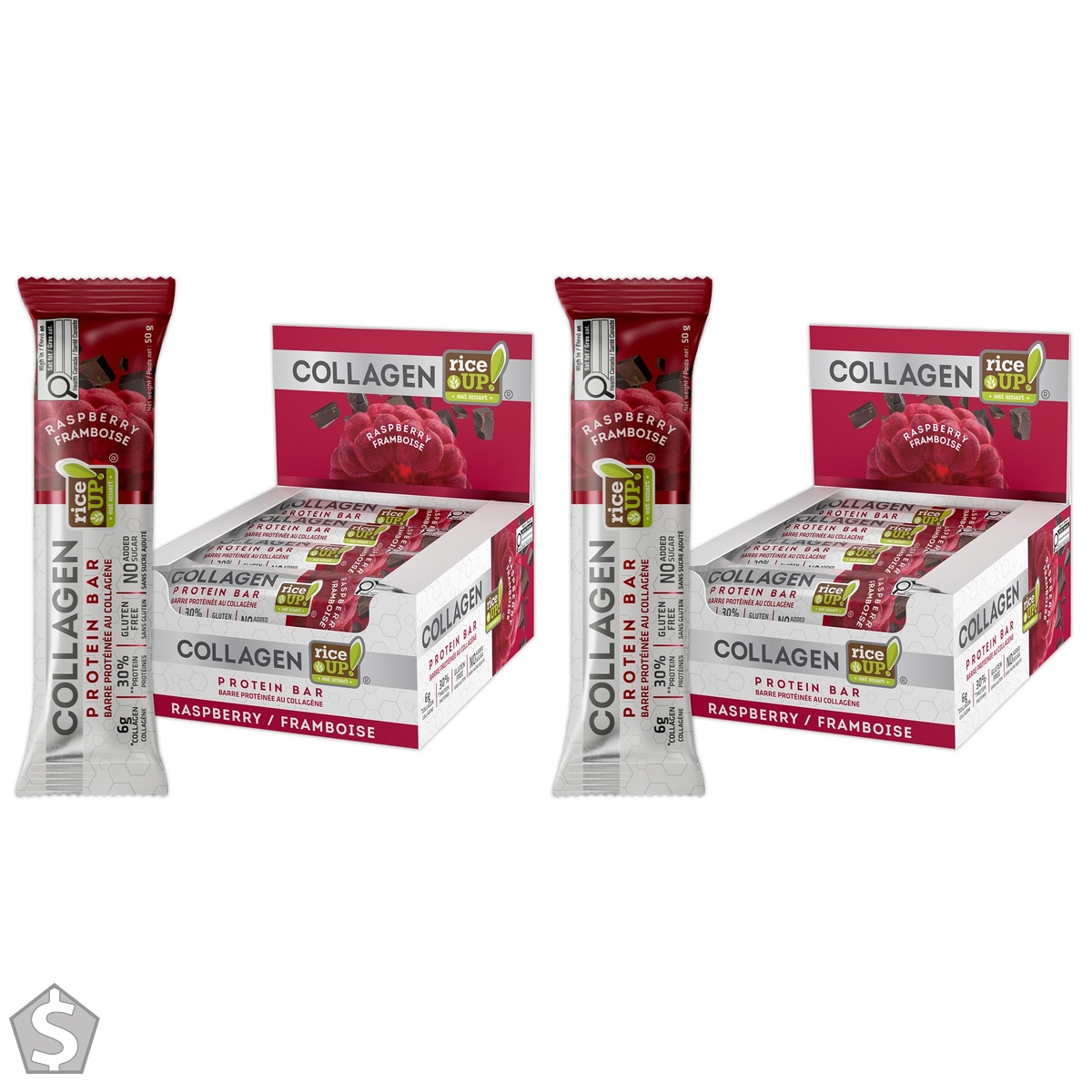 rice UP! Collagen Protein Bar, Raspberry, (Box of 12), 12x 50g 12 count (Pack of 2)