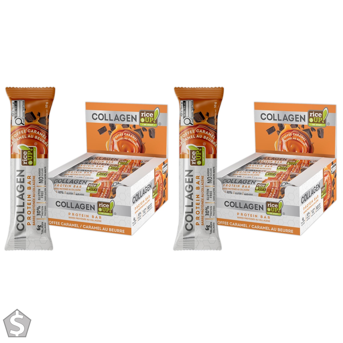 rice UP! Collagen Protein Bar, Toffee Caramel, (Box of 12), 12x 50g 12 count (Pack of 2)