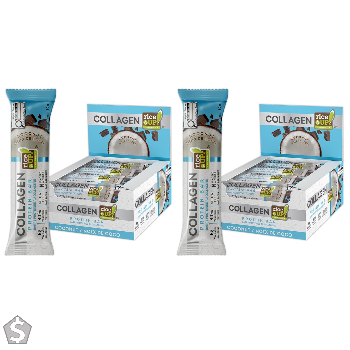 riceUP! Collagen Protein Bar, Coconut, (Box of 12) 12x 50g 12 count (Pack of 2)