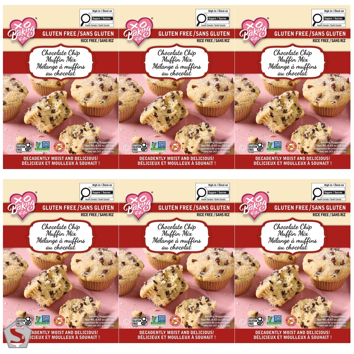 XO Baking Co. Gluten Free Chocolate Chip Muffin Mix; Non-GMO; Rice Free; Peanut Free; No Preservatives, Artificial Flavors or Colors, 238g (Pack of 6)