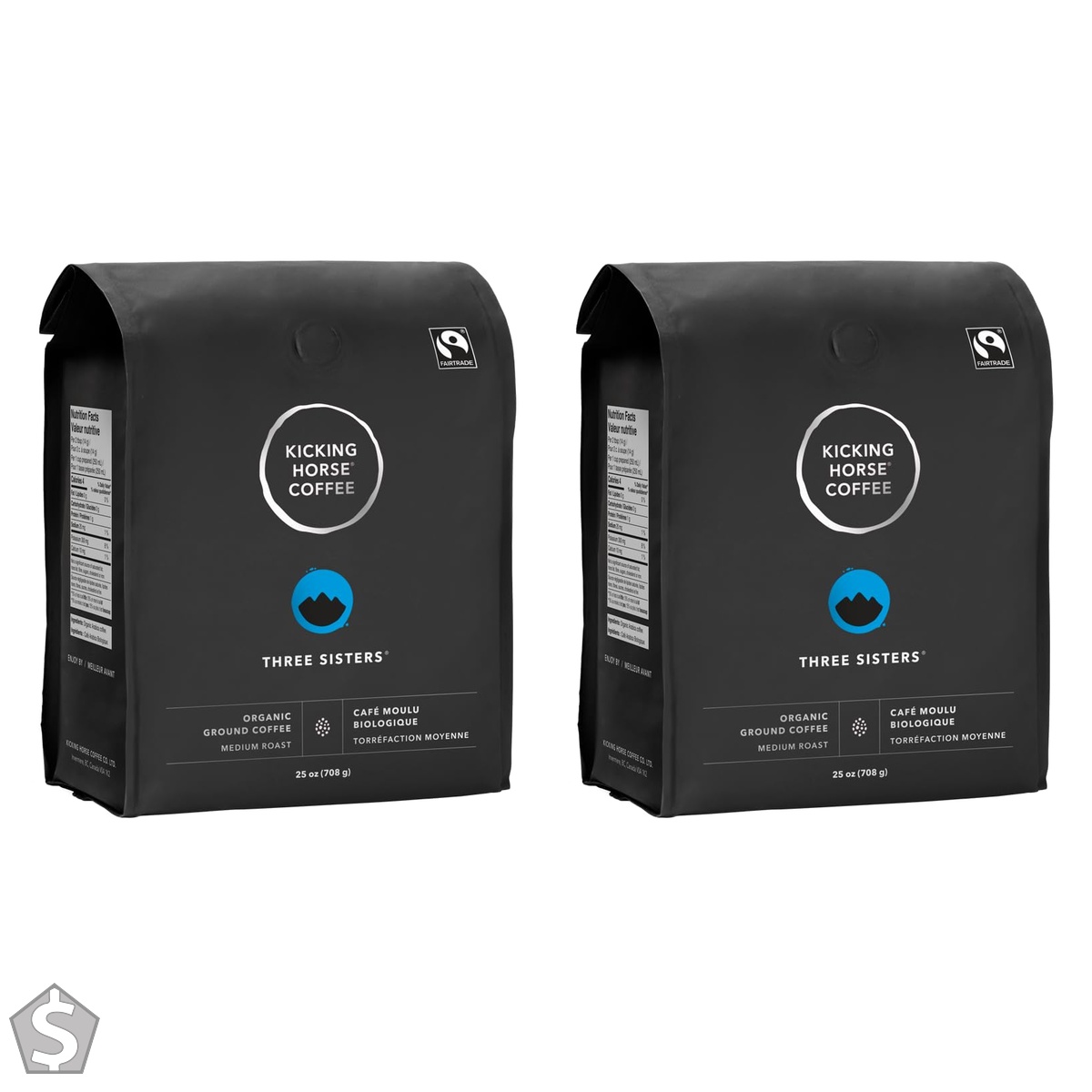 Kicking Horse Coffee - Three Sisters Blend, Ground 100% Arabica Coffee | Medium Roast | All Organic & Fairtrade | 708 g (Pack of 2)