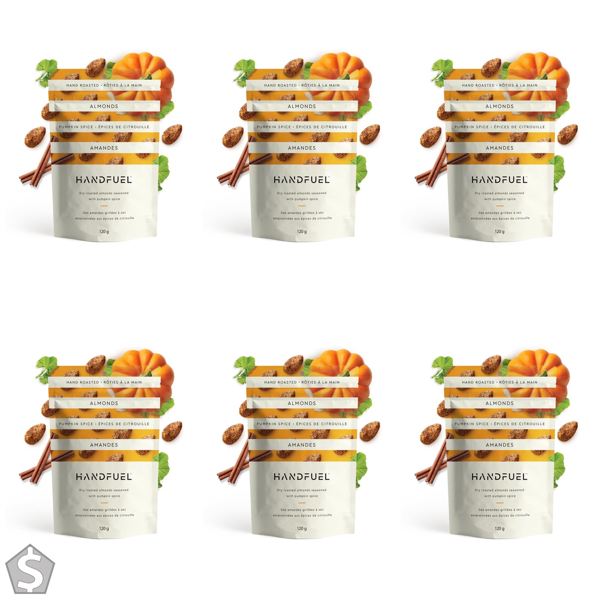 Handfuel Pumpkin Spice Almonds, Dry Roasted Almonds, 6g of Protein, Proudly Canadian Made Plant Based Flavoured Nuts, Gluten Free - 120 (Pack of 6)