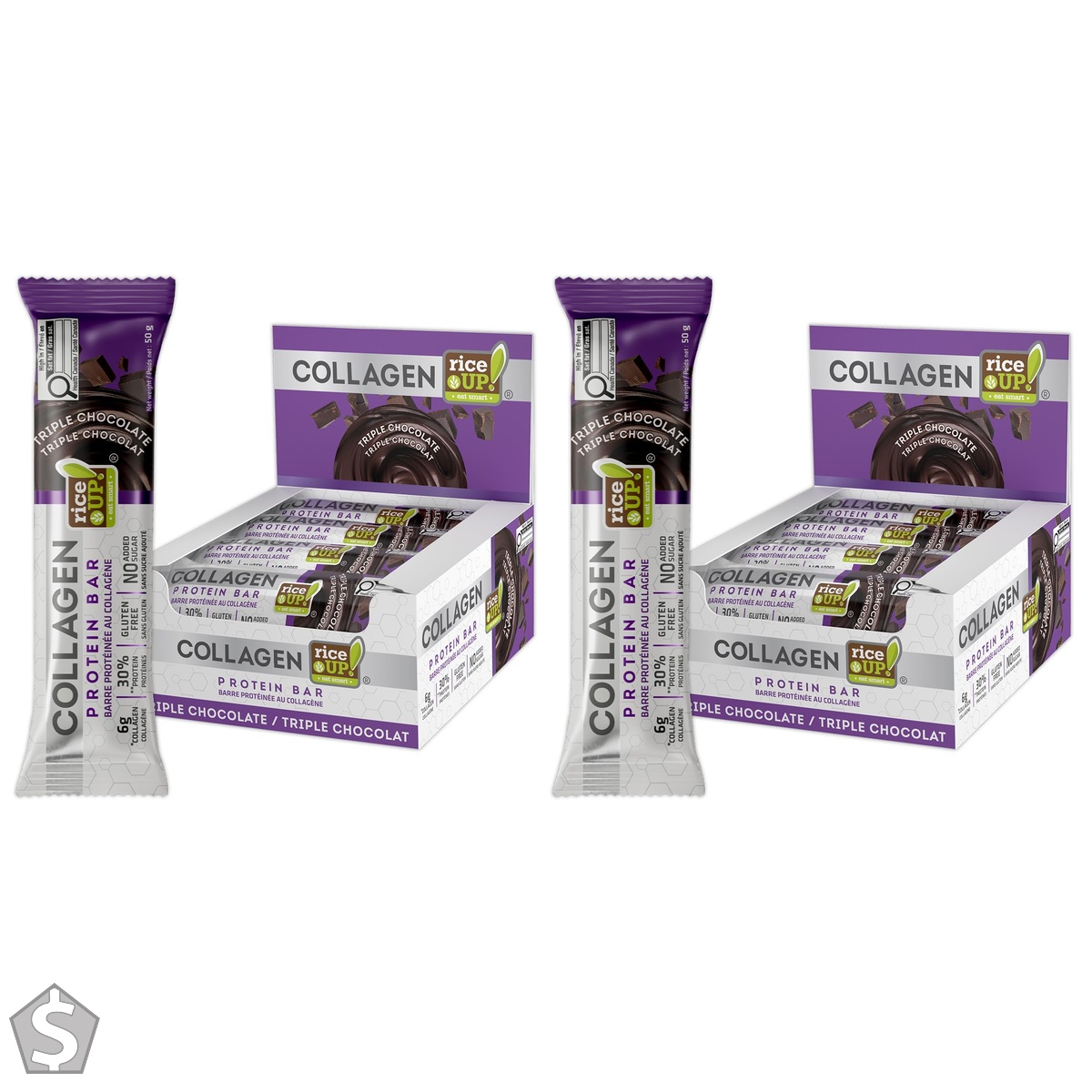 riceUP! Collagen Protein Bar, Triple Chocolate, (Box of 12) 12x 50g 12 count (Pack of 2)