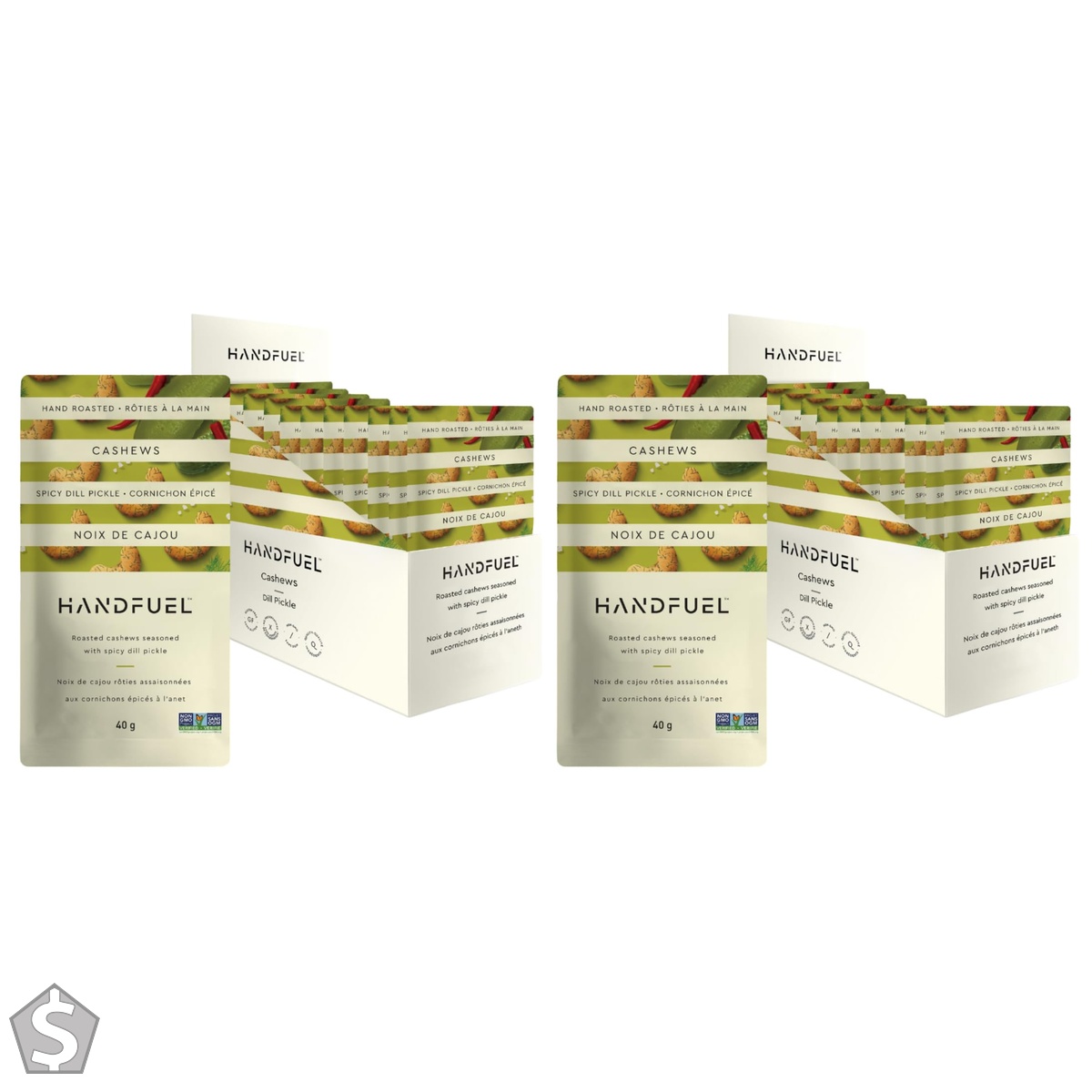 Handfuel Spicy Dill Pickle Cashews, Hand Roasted Salted Cashews, 7g of Protein, Proudly Canadian Made Plant Based Flavoured Nuts, Gluten (Pack of 2)