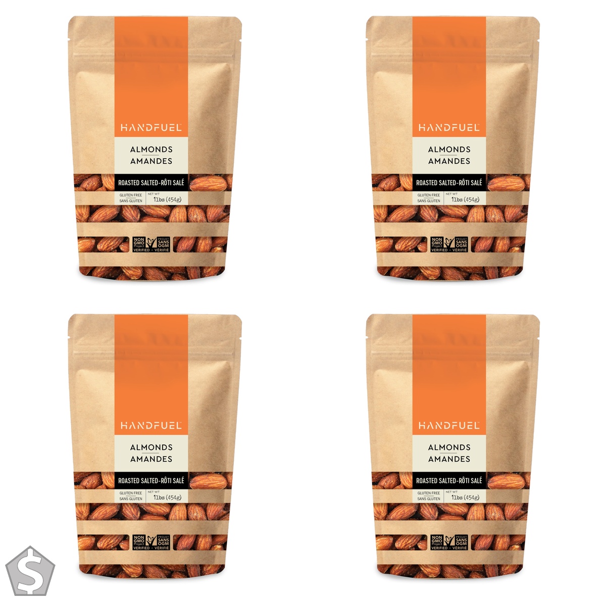 Handfuel 1lbs of Roasted Salted Almonds, 8g of Protein, Nutrient Rich, Gluten Free Sea Salted Nuts, Proudly Canadian Made Almonds - 454g (Pack of 4)