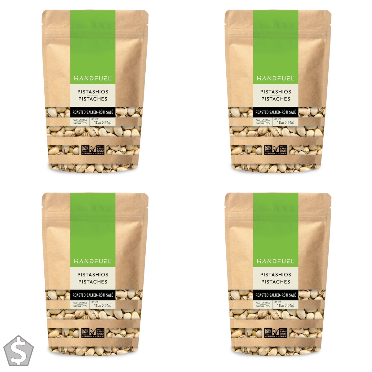 Handfuel 1lbs of Roasted Salted Pistachios, 11g of Protein, Gluten Free Sea Salted Nuts, Proudly Canadian Made Pistachios - 454g Medium (Pack of 4)