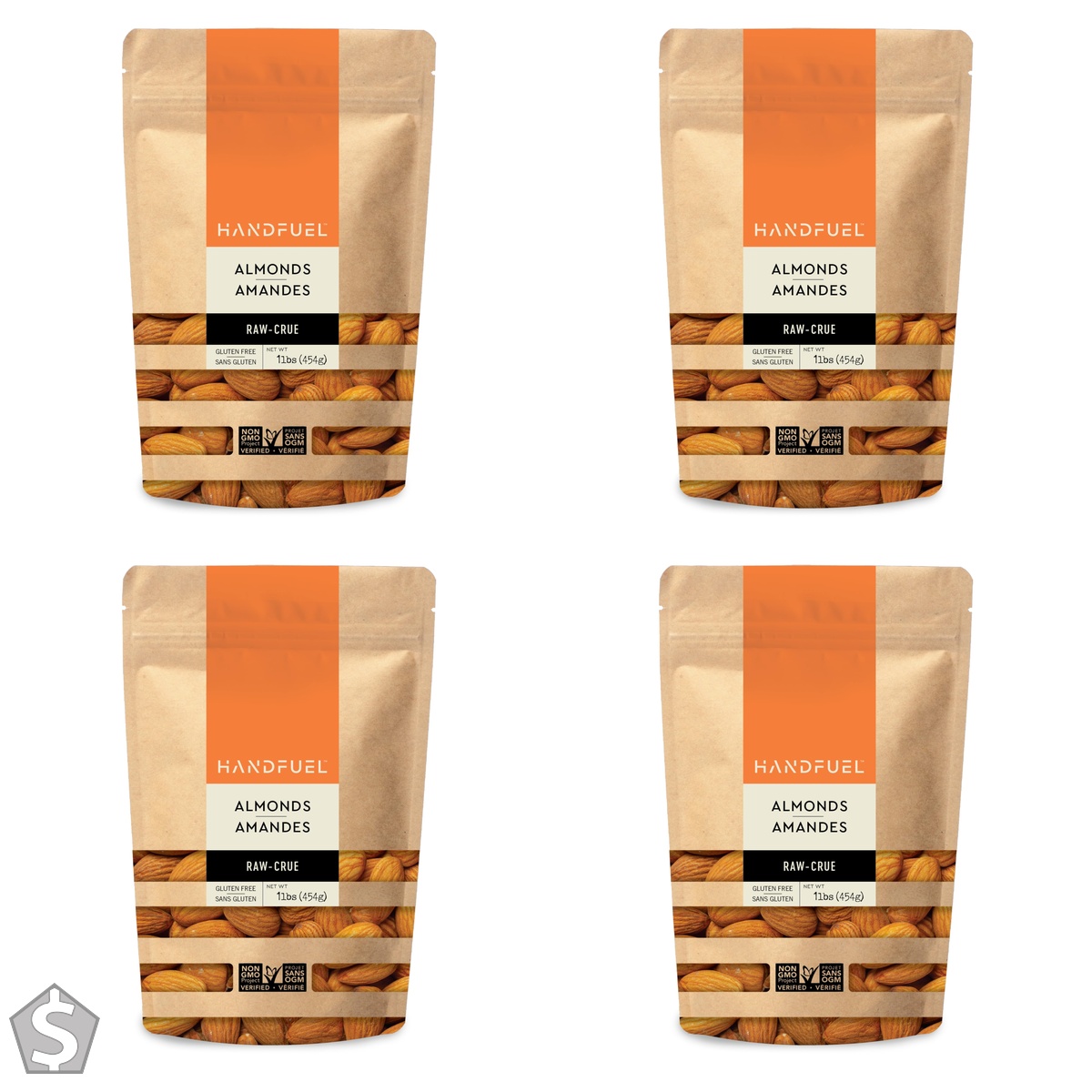 Handfuel 1lbs of Unroasted Raw Almonds, 8g of Protein, Nutrient Rich, Gluten Free and Keto Friendly Raw Nuts, Proudly Canadian Made (Pack of 4)