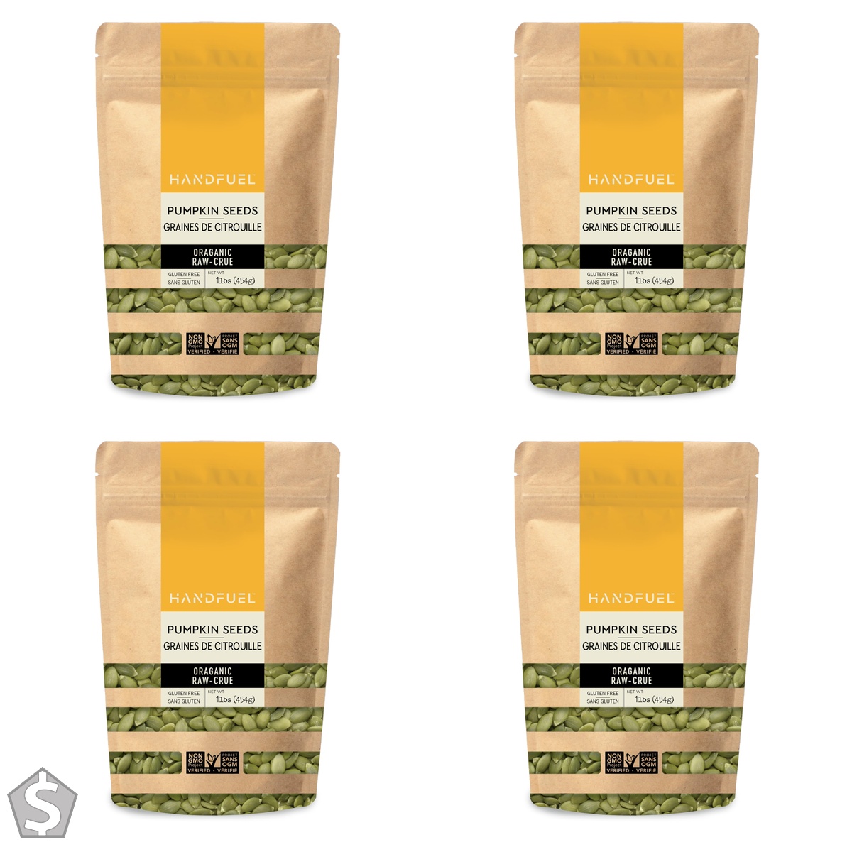 Handfuel 1lbs of Raw Pumpkin Seeds, 8g of Protein, Nutrient Rich, Gluten Free and Plant Based Pumpkin Seeds - 454g 18 x 4.3 x 27 cm (Pack of 4)