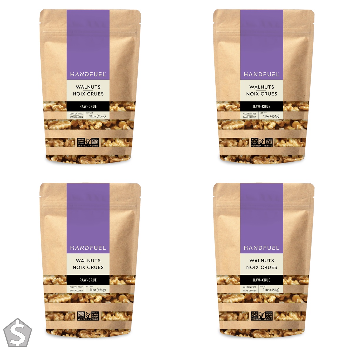 Handfuel 1lbs of Walnuts, 6g of Protein, Nutrient Rich, Gluten Free and Plant Based Raw Walnuts, Proudly Canadian Made - 454g Medium (Pack of 4)