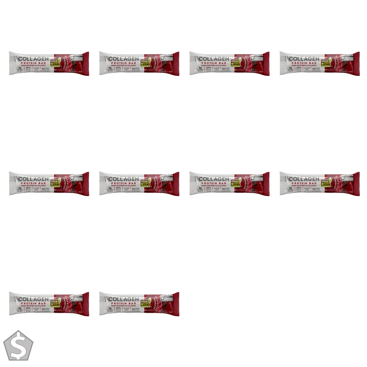 rice UP! Collagen Protein Bar, Raspberry, Single Bar, 50g 1 count (Pack of 10)