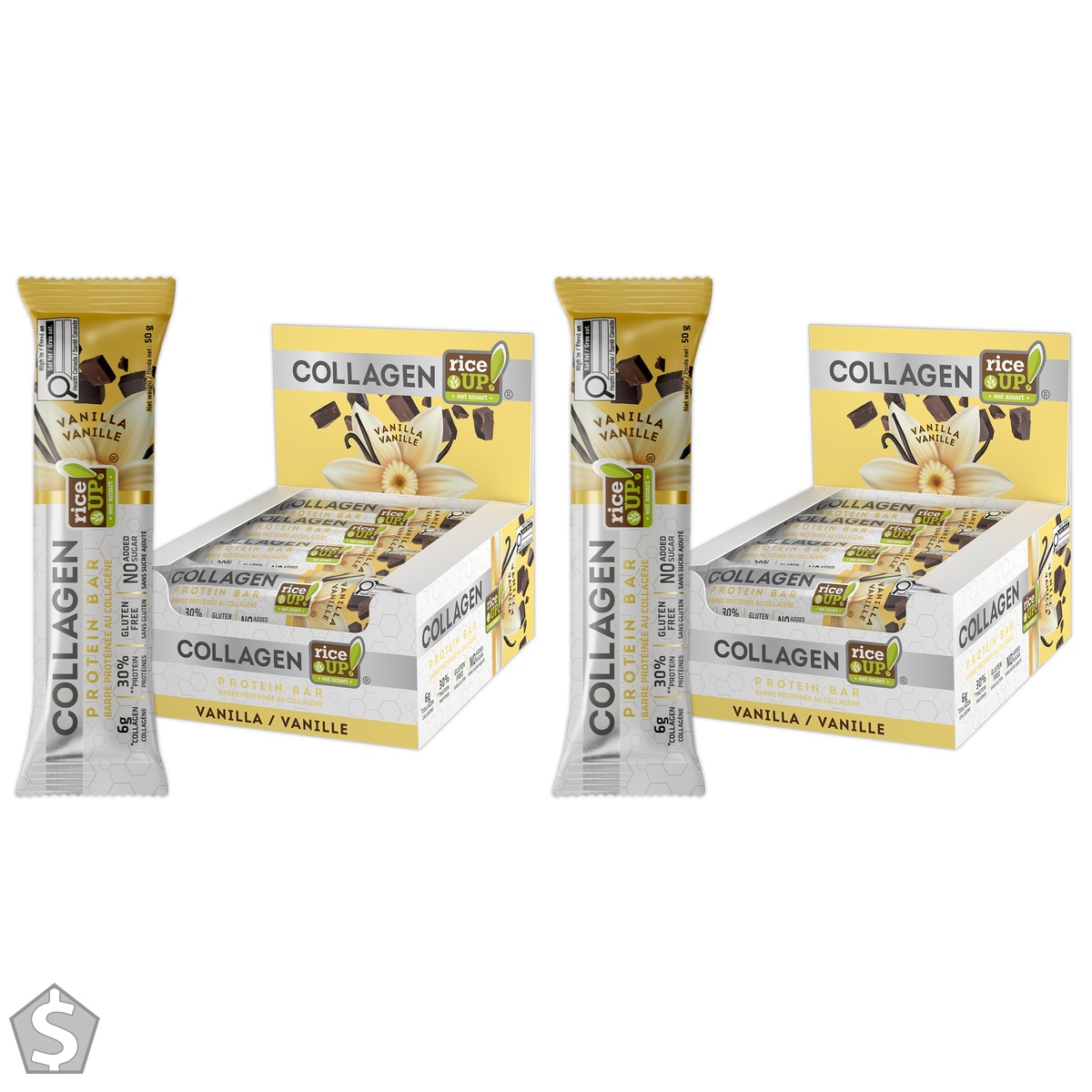 rice UP! Collagen Protein Bar, Vanilla, (Box of 12), 12x 50g 12 count (Pack of 2)