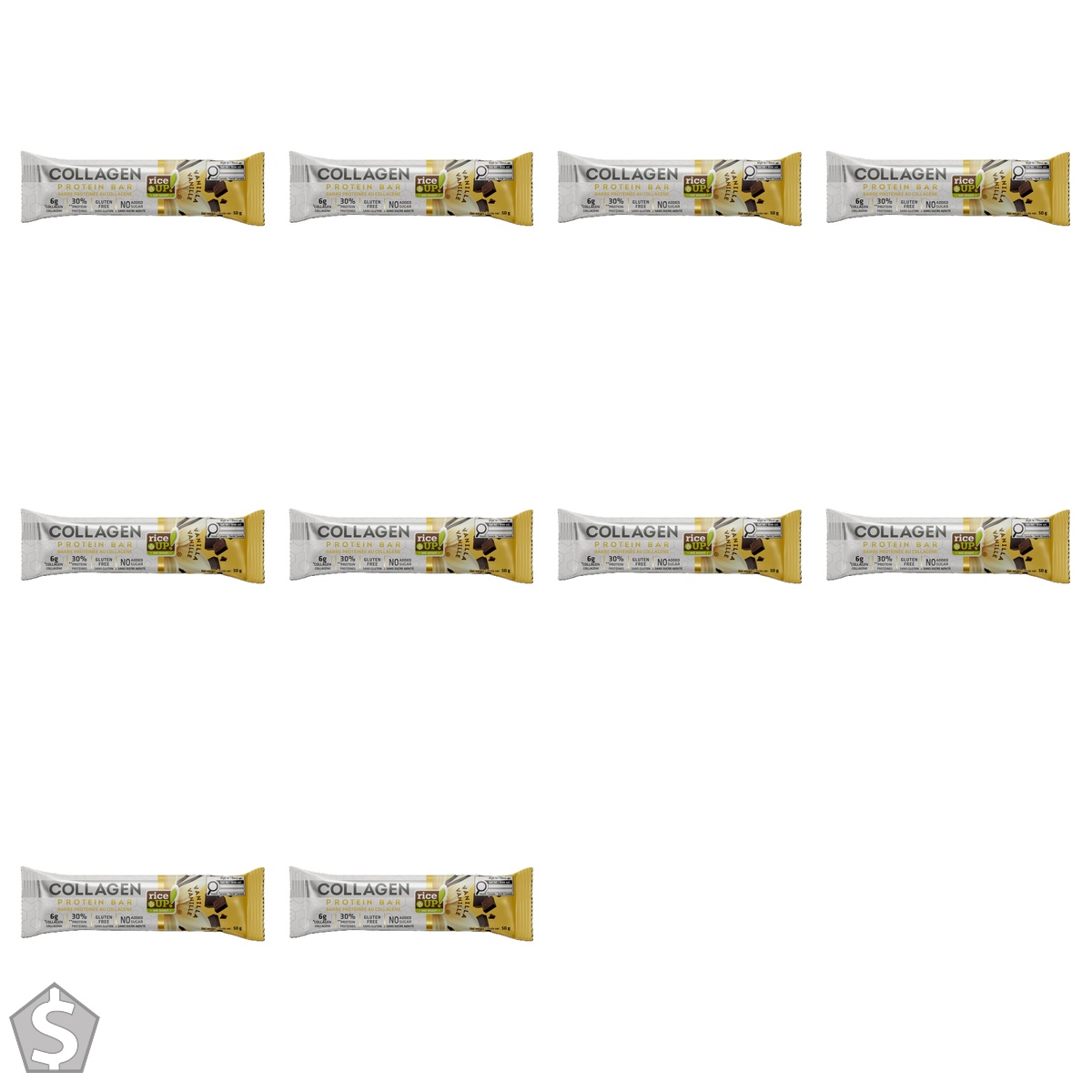 rice UP! Collagen Protein Bar, Vanilla, Single Bar, 50g 1 count (Pack of 10)