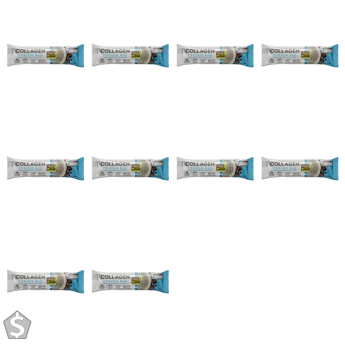 rice UP! Collagen Protein Bar, Coconut, Single Bar, 50g 1 count (Pack of 10)