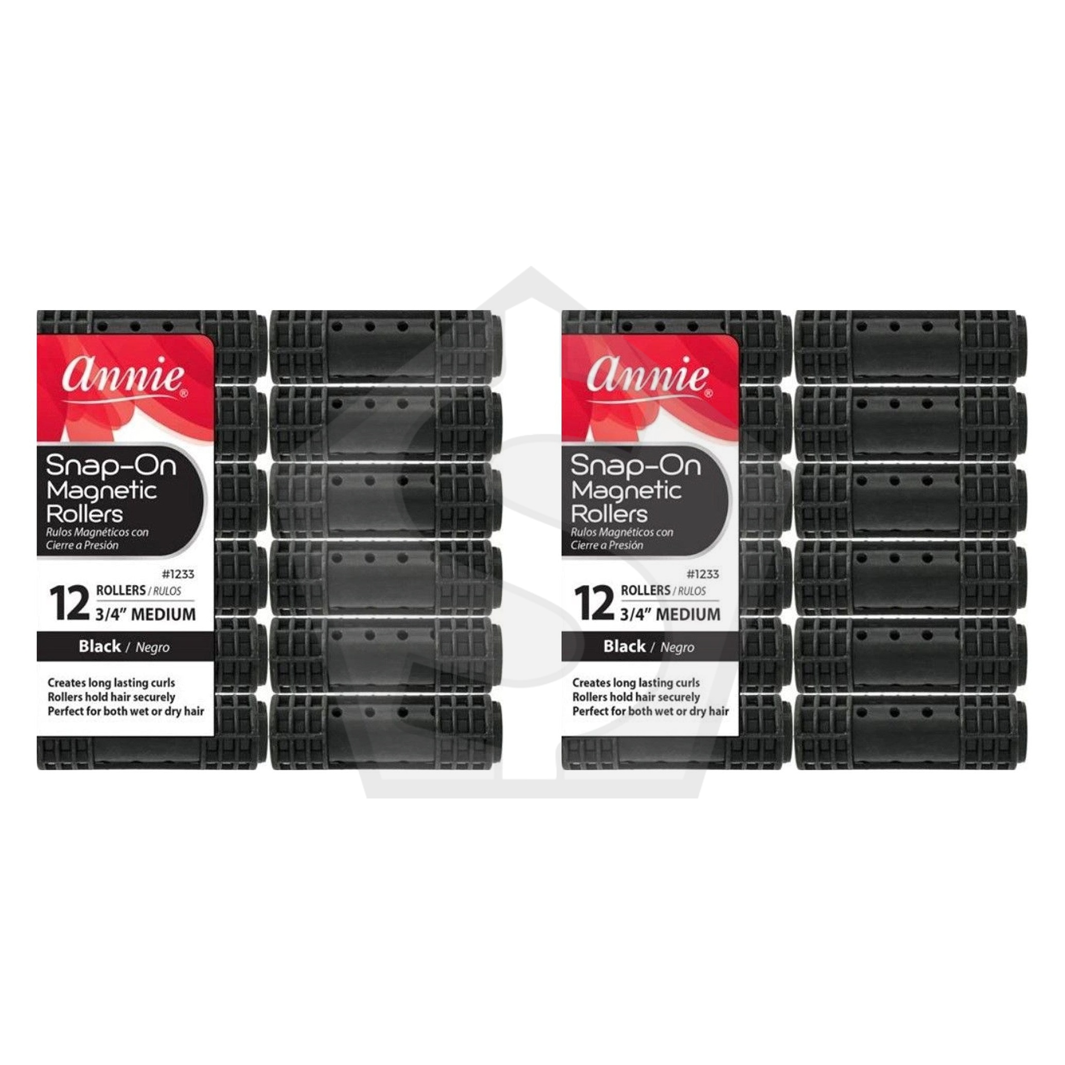 Bundle of 2 - ANNIE Snap-On Magnetic Rollers - Black / Medium (3/4" Diameter) 12ct