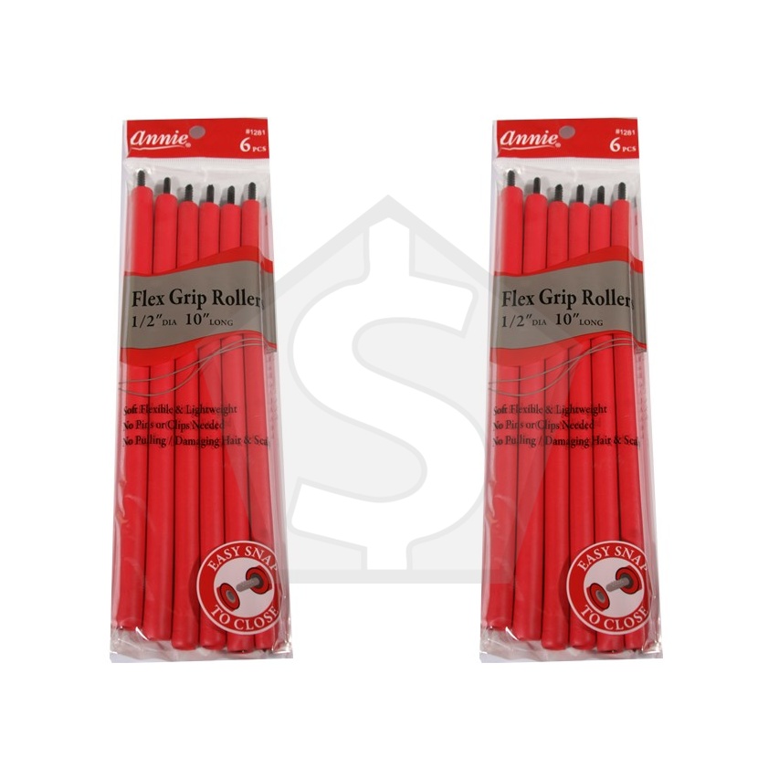 ANNIE Flex Grip Rollers (10inch Long) - 1/2" Diameter 6ct (Red) - Pack of 2