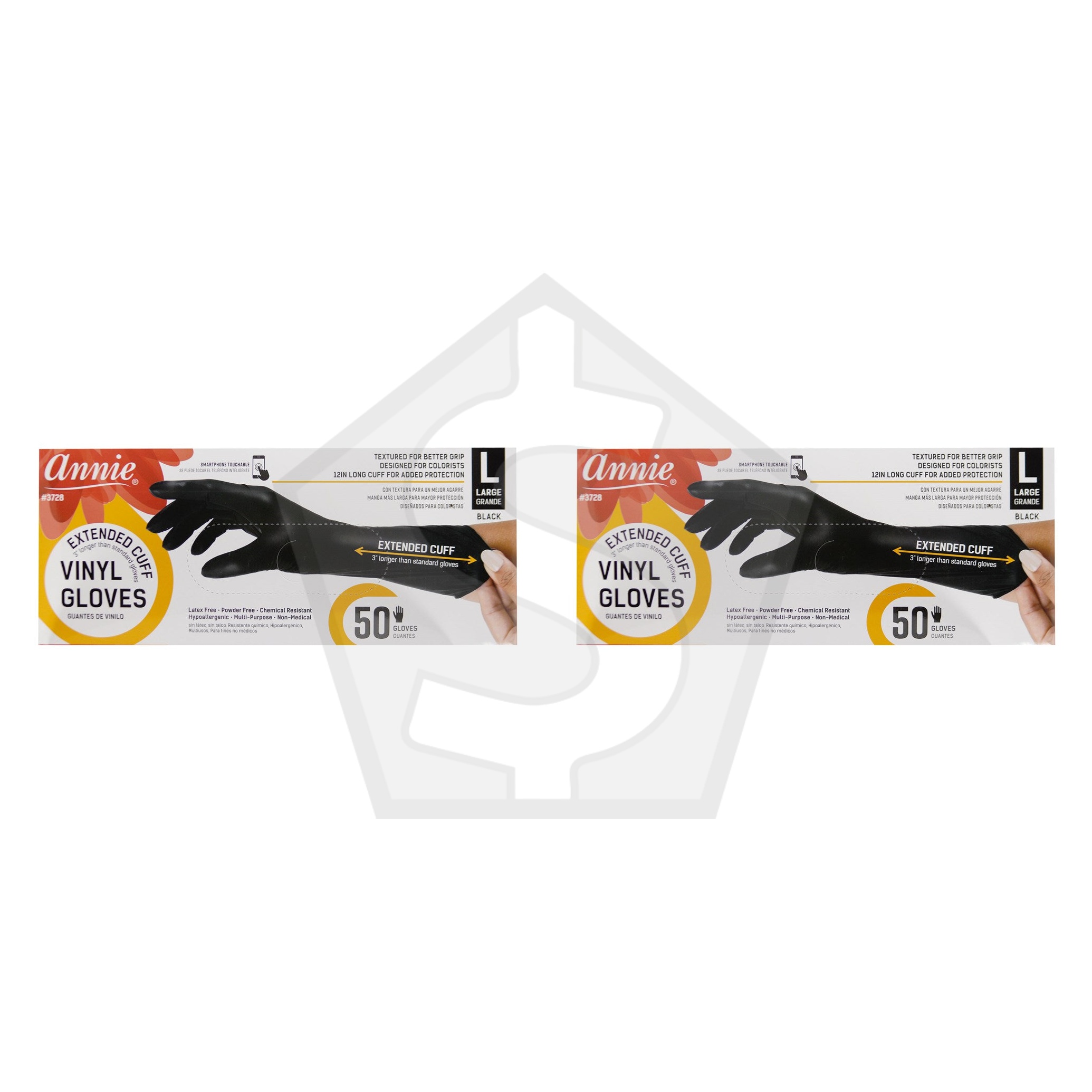 Bundle of 2 - ANNIE Vinyl Gloves Extended 12" Cuff Powder Free [50ct/Box] - Large