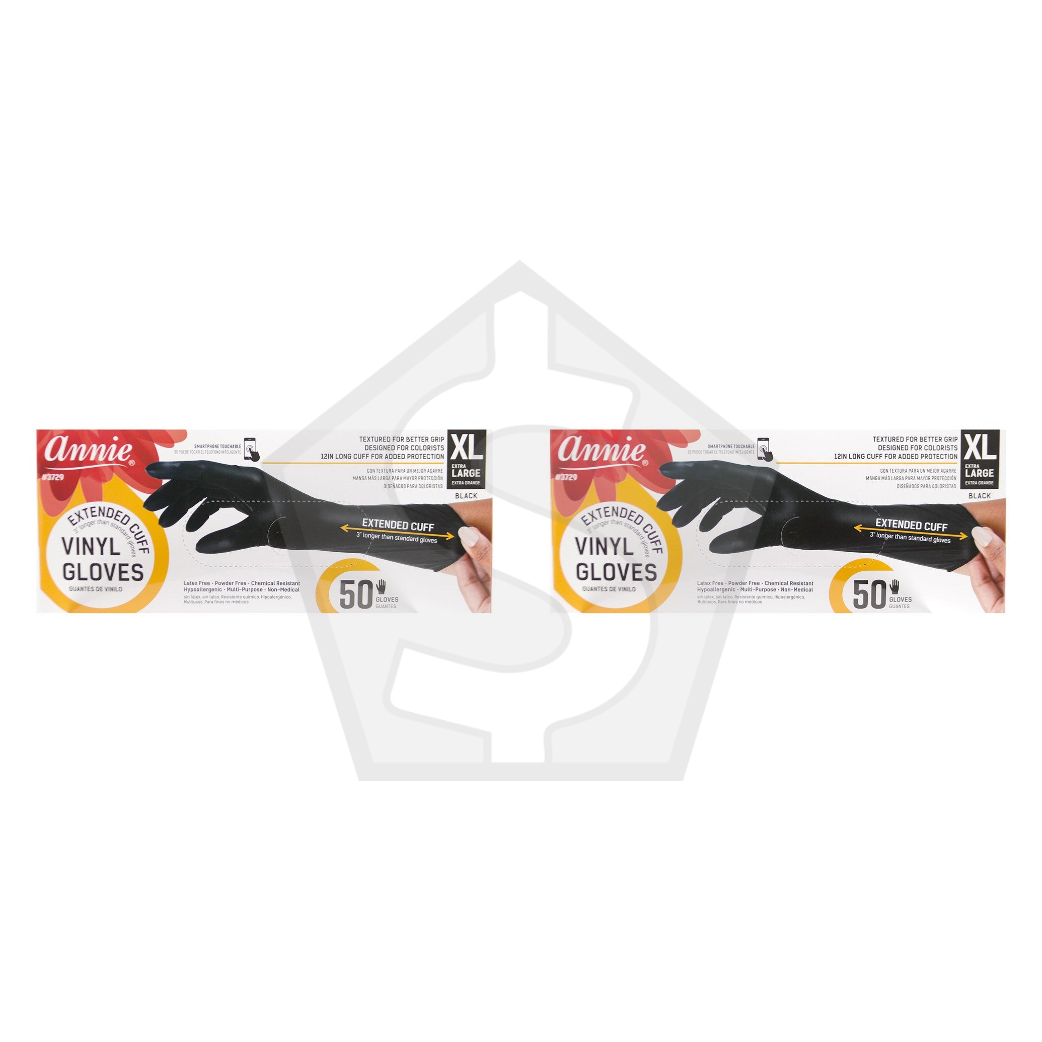 Bundle of 2 - ANNIE Vinyl Gloves Extended 12" Cuff Powder Free [50ct/Box] - X-Large