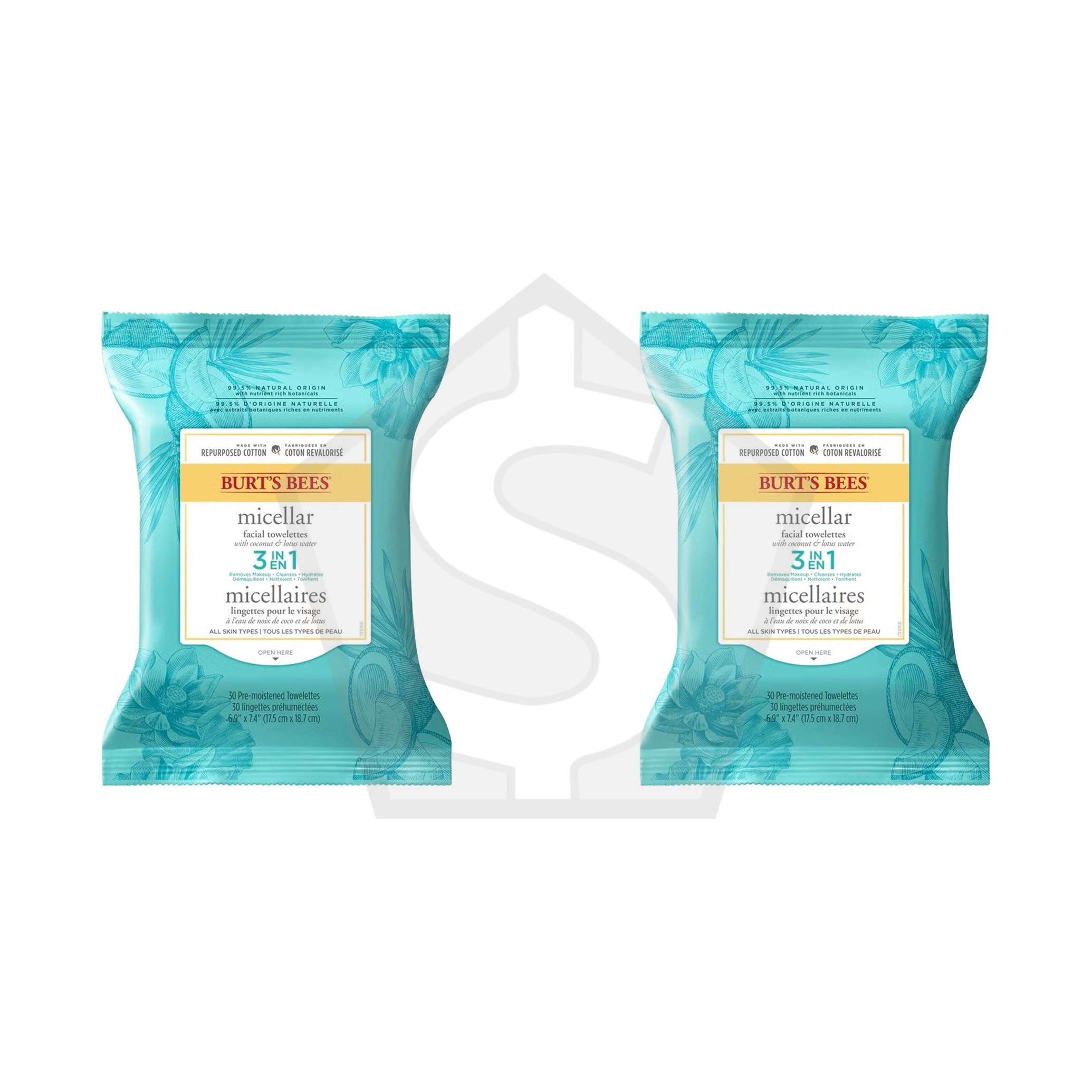 BURT'S BEES Micellar Facial Towelettes 3 In 1 (30ct) - Coconut and Lutus Water - Pack of 2