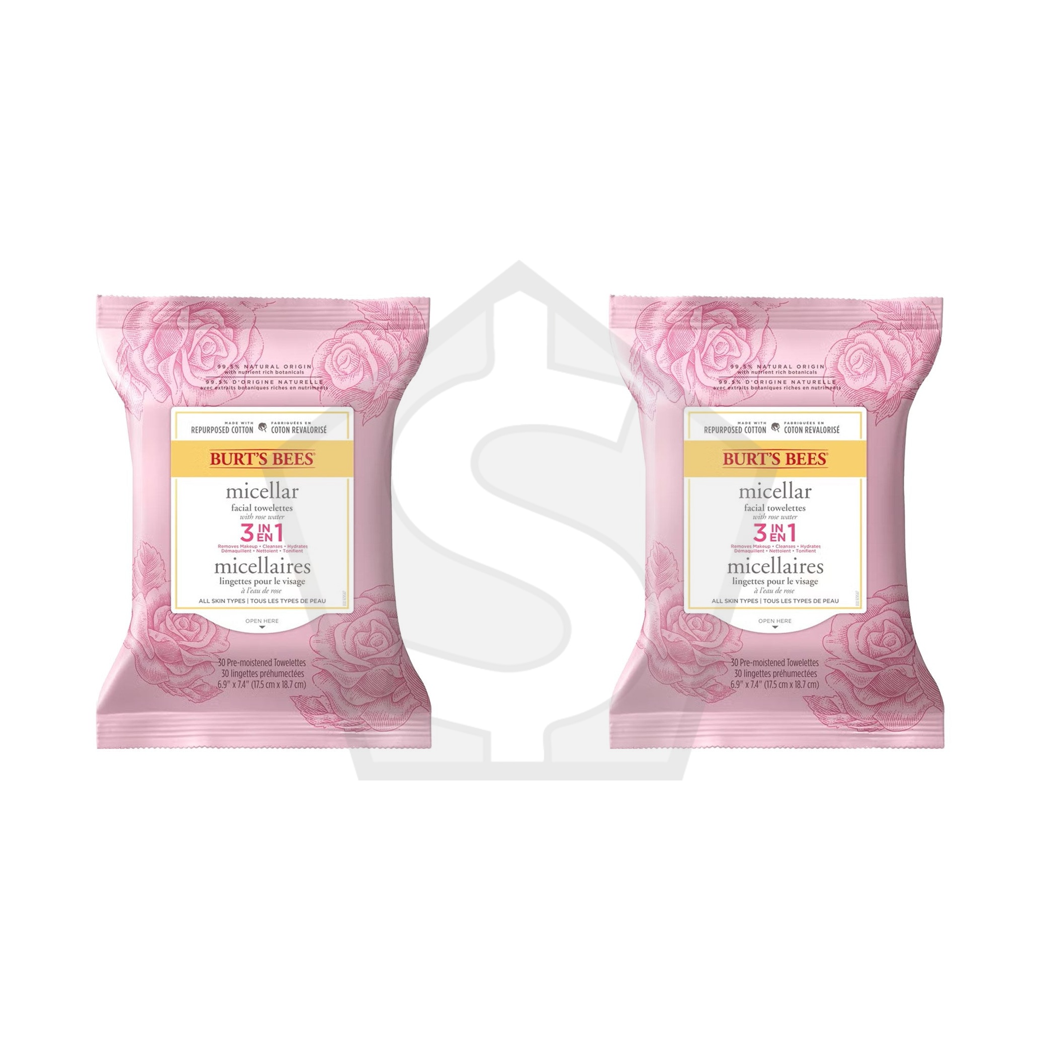 BURT'S BEES Micellar Facial Towelettes 3 In 1 (30ct) - Rose - Pack of 2