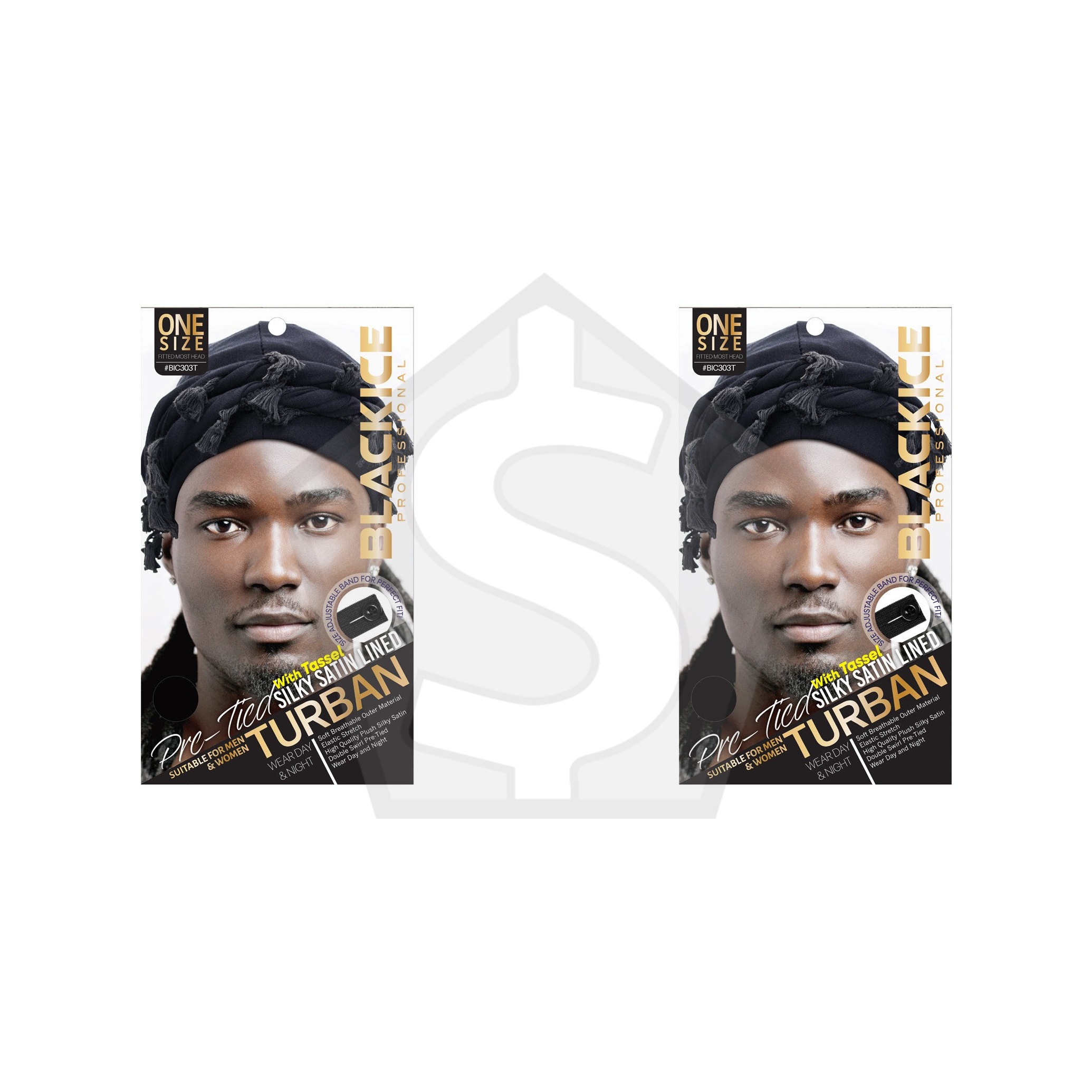 Bundle of 2 - BLACKICE Pre-Tied Silky Satin Lined Turban with Tassel - Black