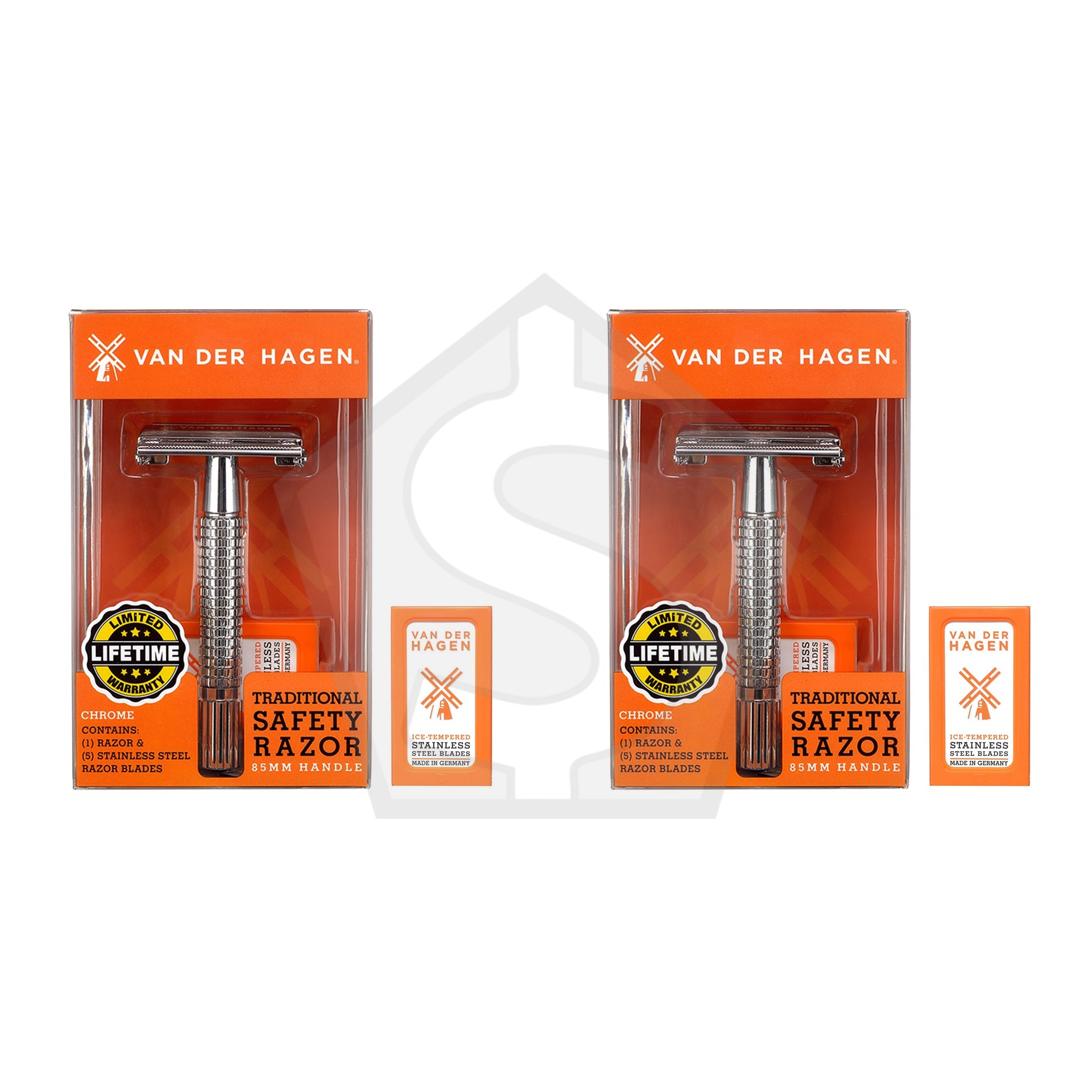 VAN DER HAGEN Chrome Safety Razor - 85mm Handle - Pack of 2