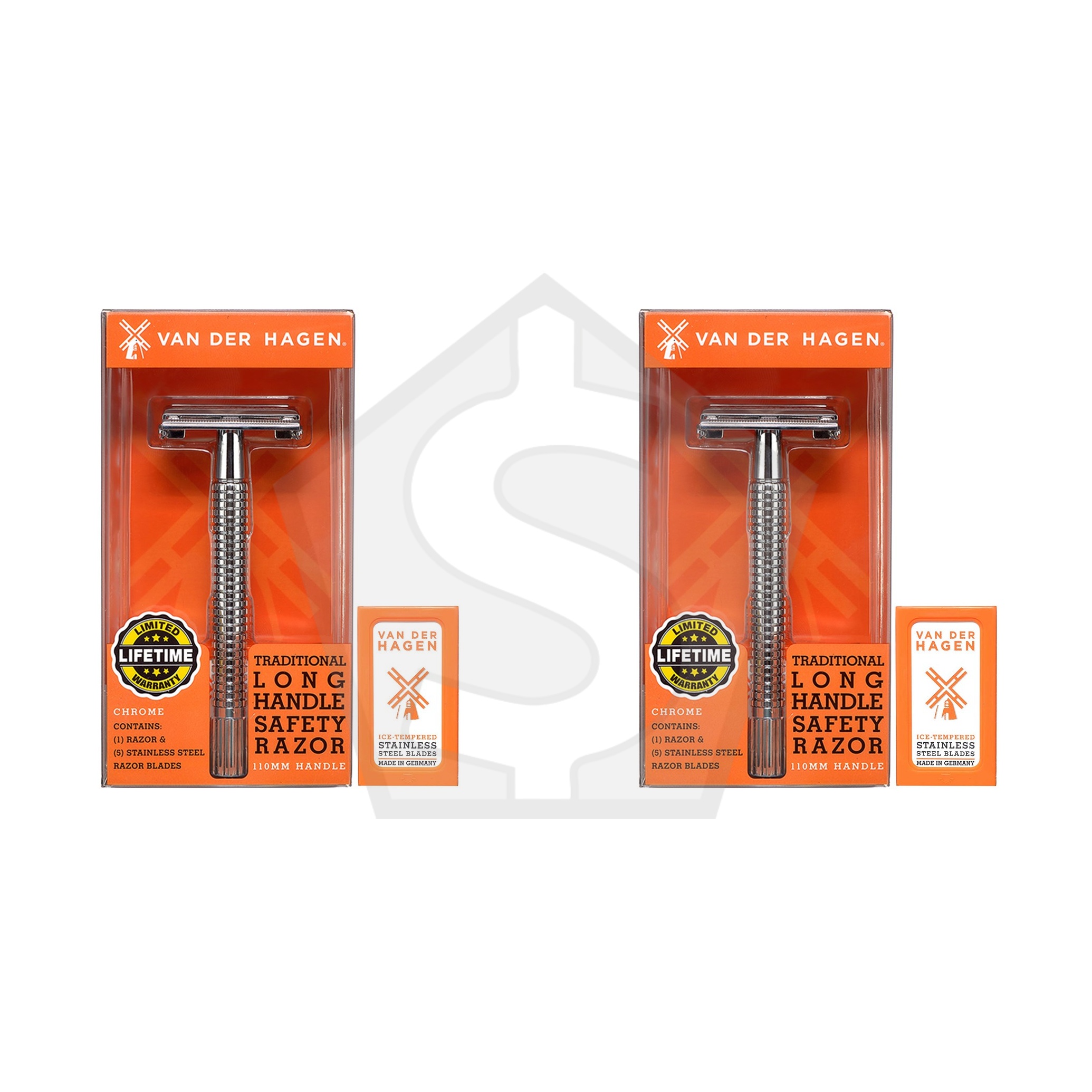VAN DER HAGEN Chrome Safety Razor - 110mm Handle - Pack of 2