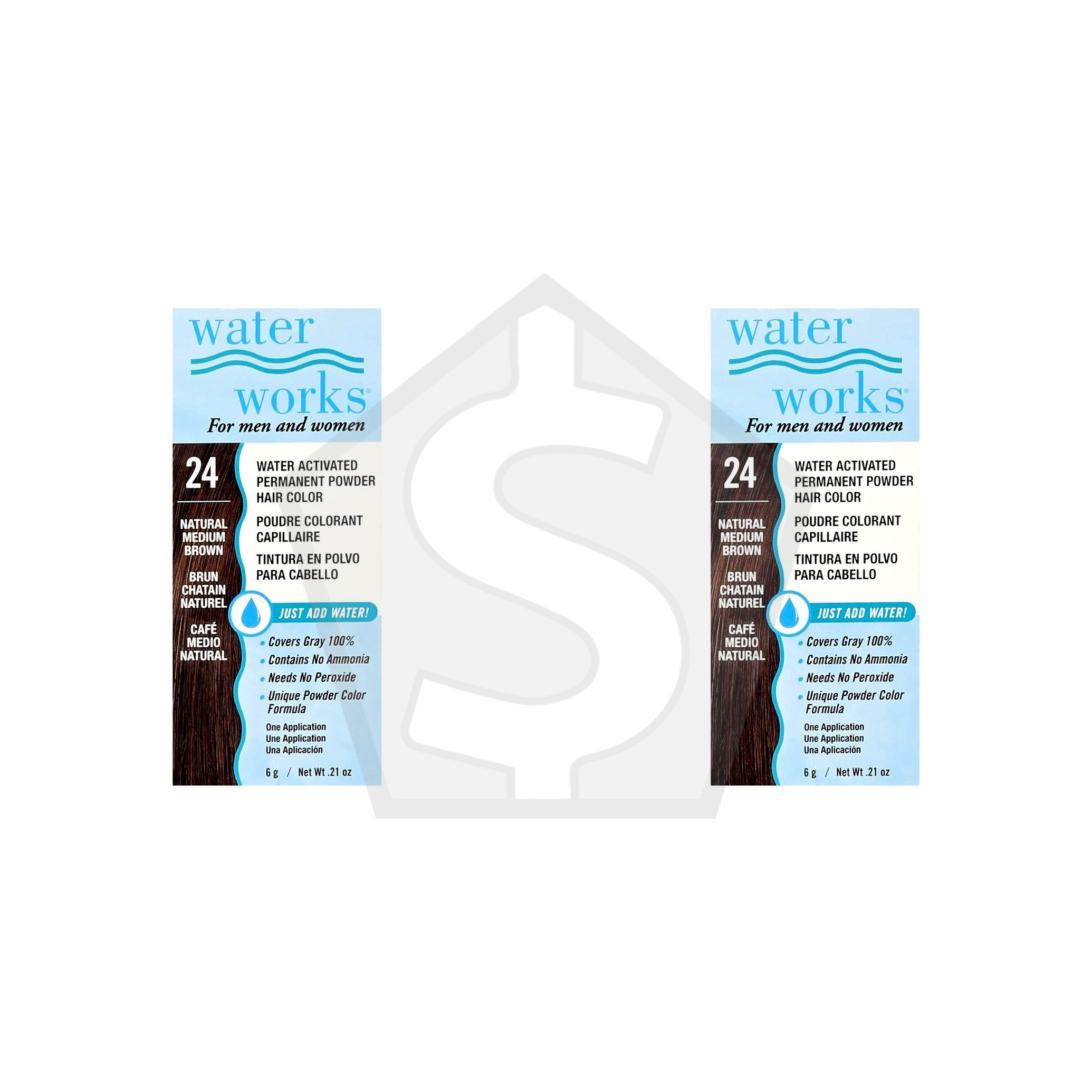 WATER WORKS Water Activated Permanent Powder Hair Color - 24 Natural Medium Brown - Pack of 2