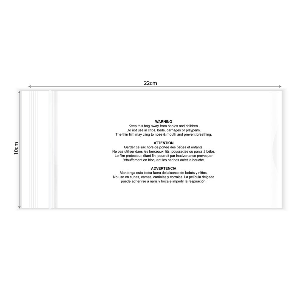 KIM & C Zipper Poly Bags with suffocation warning notice (100pc/pk) - 10cm x 22cm