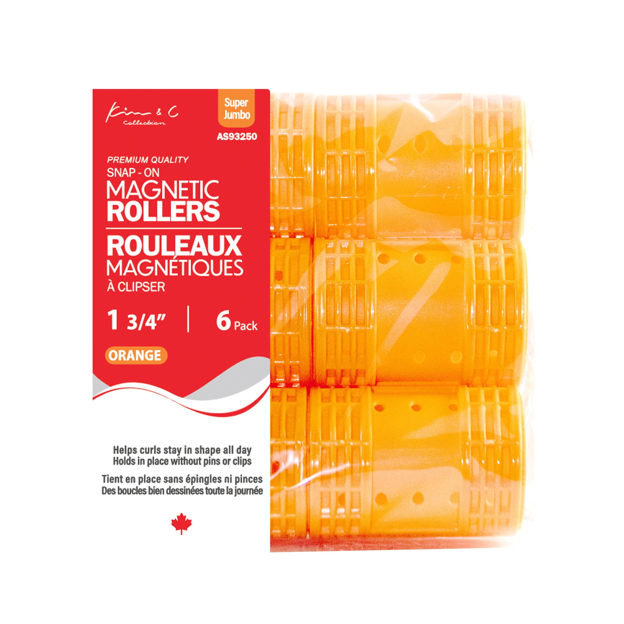 KIM & C Snap-On Magnetic Rollers - Super Jumbo 6Ct / 1-3/4" Orange