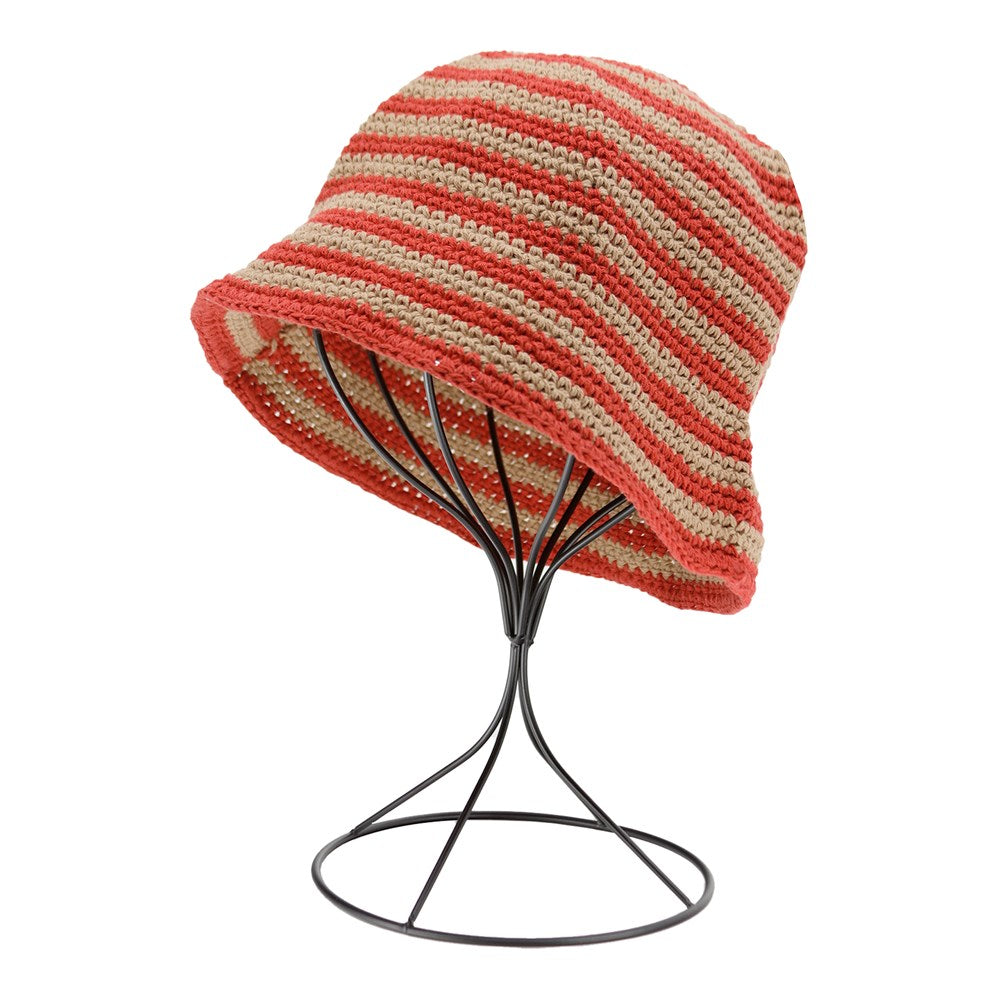 KIM & C Handmade Fashion Bucket Stripe Hat - Red / Beige