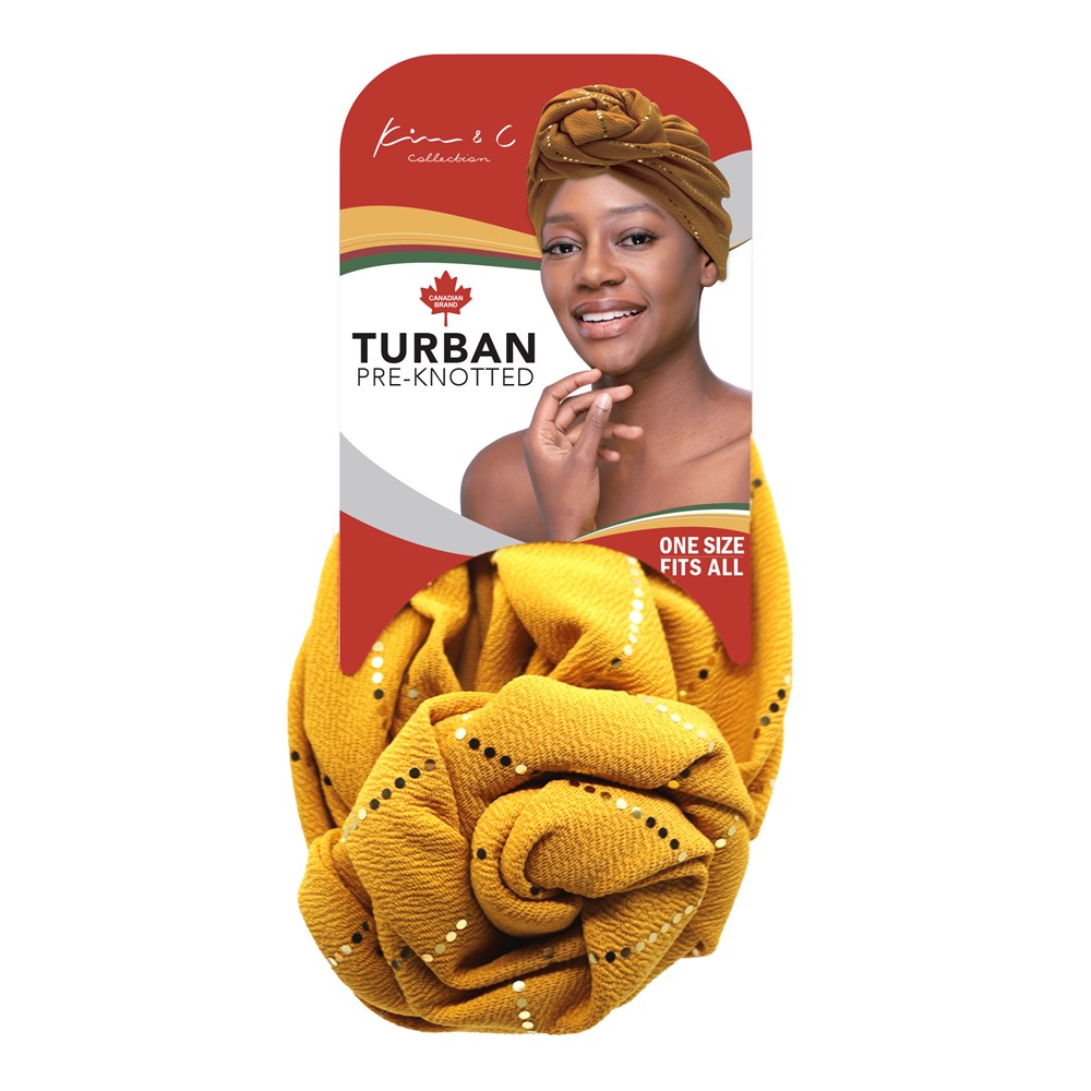 KIM & C Premium Pre-Knotted Turban with Gold Line - Yellow
