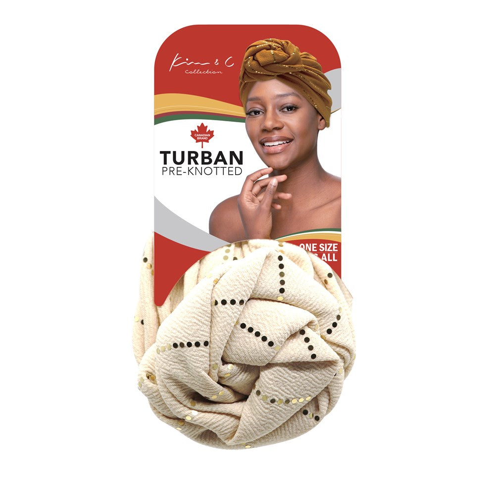 KIM & C Premium Pre-Knotted Turban with Gold Line - Ivory