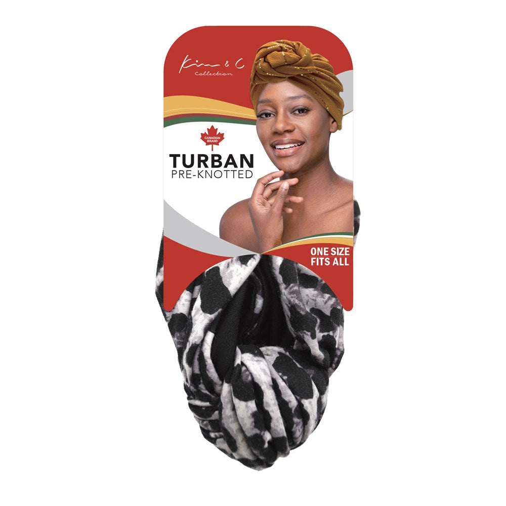 KIM & C Premium Pre-Knotted Turban with Animal Pattern - Gray