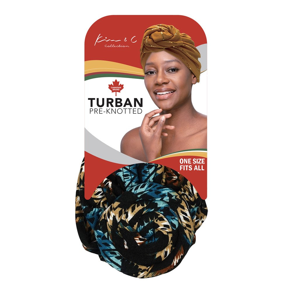 KIM & C Premium Pre-Knotted Turban with Modern Stitch Pattern - Turquoise - Brown