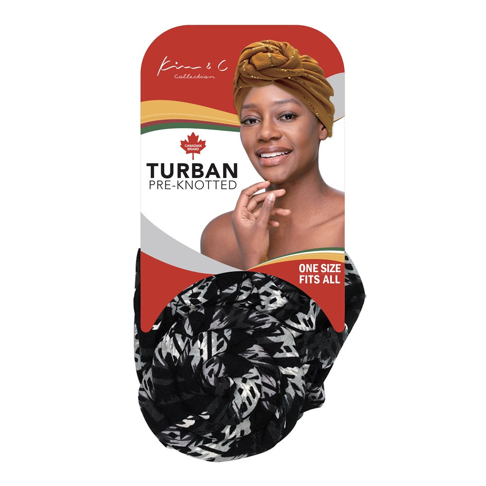 KIM & C Premium Pre-Knotted Turban with Modern Stitch Pattern - Gray - Black