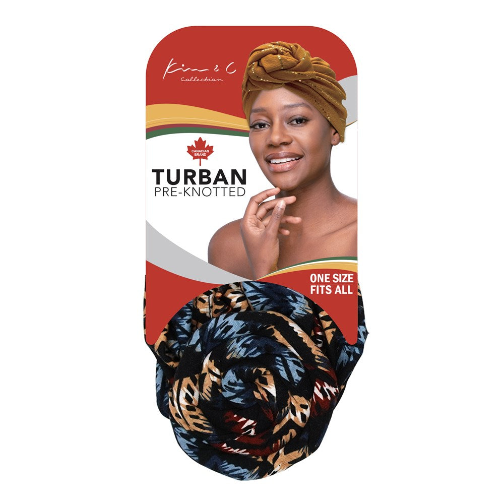 KIM & C Premium Pre-Knotted Turban with Modern Stitch Pattern - Blue - Brown