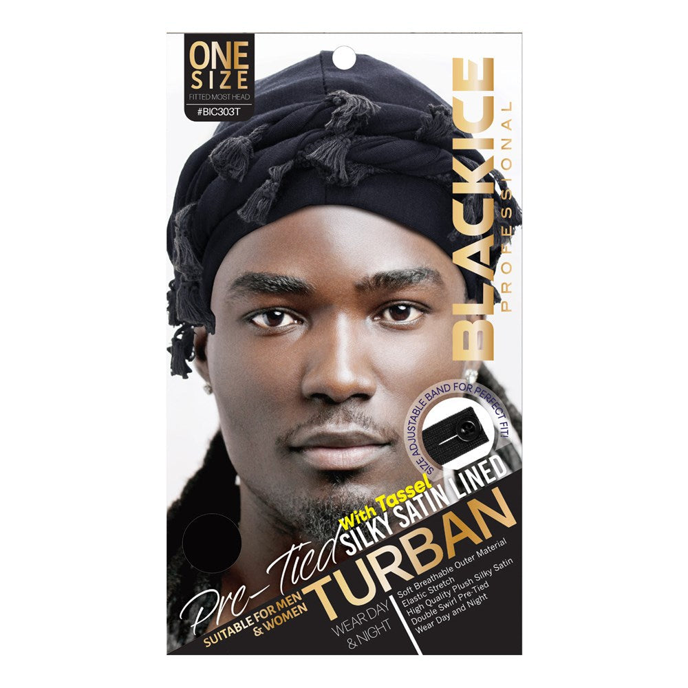 BLACKICE Pre-Tied Silky Satin Lined Turban with Tassel - Black