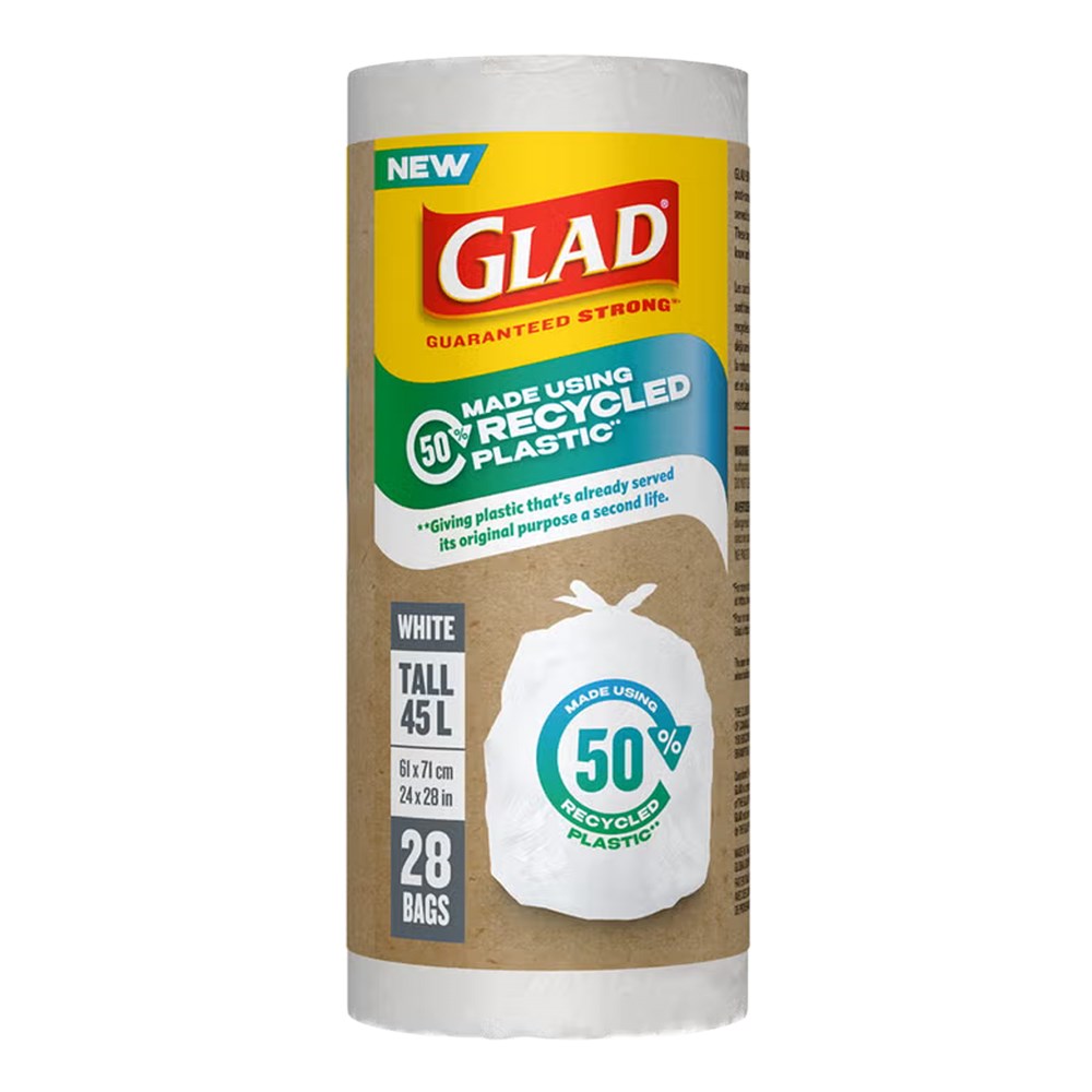 GLAD White Garbage Bag -Made Using Recycled Plastic - Tall 45L